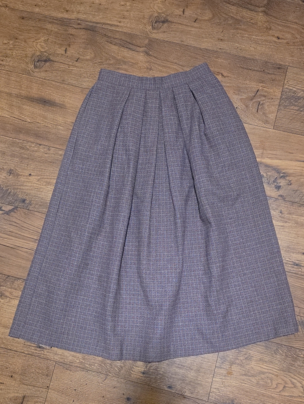 VINTAGE Midi Pleated Wool Skirt In Brown Small Plaid Tweed